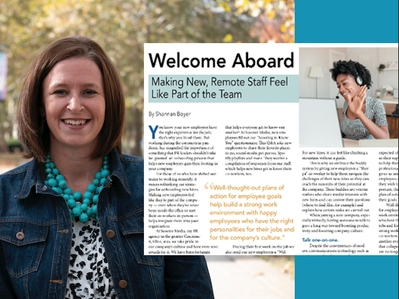 Professional headshot of woman outside with PRSA magazine titled "Welcome Aboard" aligned right accompanied by an image of a woman wearing a headset waving at a latop screen for an online meeting