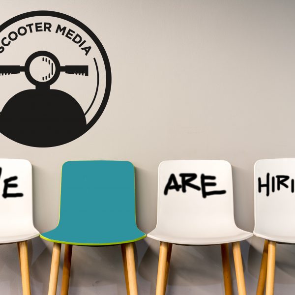 scooter media we are hiring, white chairs, teal chair