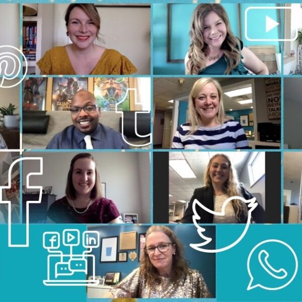 Collage of Scooter Media team members with white outlines of social media platform logos