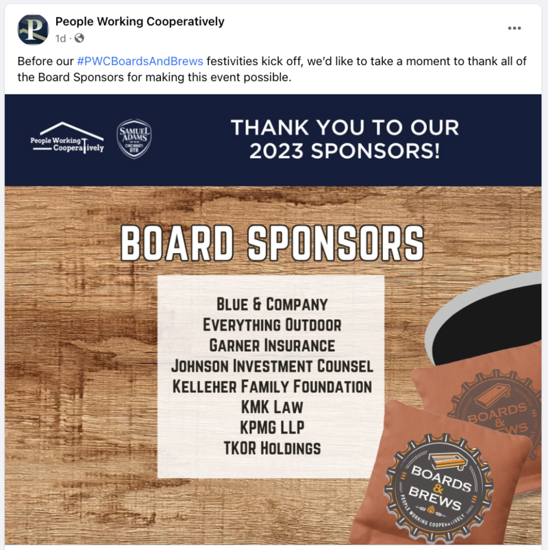 An example of social media live event content from client People Working Cooperatively, showing sponsors of the Boards & Brews event