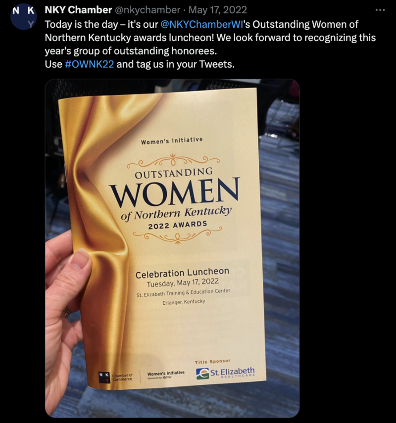 An example of social media live event content from client NKY Chamber of Commerce, showing an event hashtag for the Outstanding Women of Northern Kentucky event