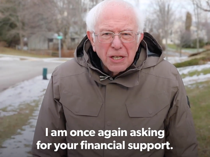 Screenshot from Bernie Sanders appeal video with "I am once again asking for your financial support" text on the bottom