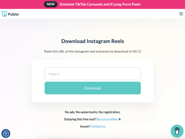 A screenshot from Publer Instagram Reels Downloader, one of our helpful websites for social media managers.