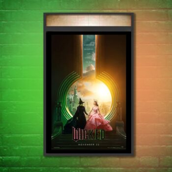 A graphic of the Wicked movie poster on top of a green and pink lit brick background