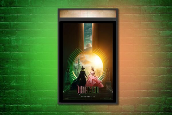 A graphic of the Wicked movie poster on top of a green and pink lit brick background