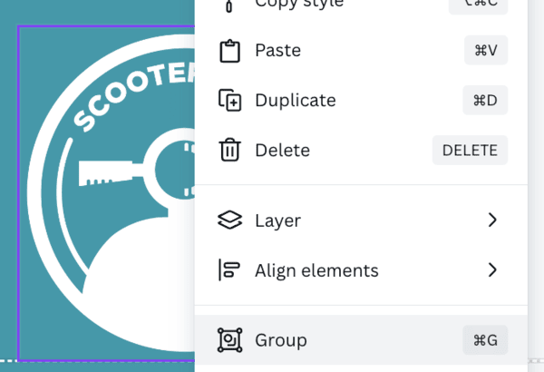 A screenshot from Canva showing the locking and grouping of elements.