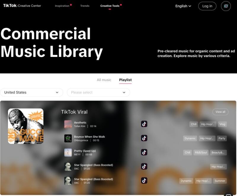 A screenshot from TikTok's Commercial Music Library, showing TikTok trending sounds that are approved for commercial use.