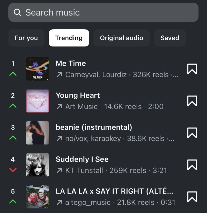 A screenshot from Instagram Reels showing trending audio clips in 2025.